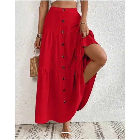Solid High Waist Button Detail Ruffle Hem Maxi Skirt - Picture 5 of 16